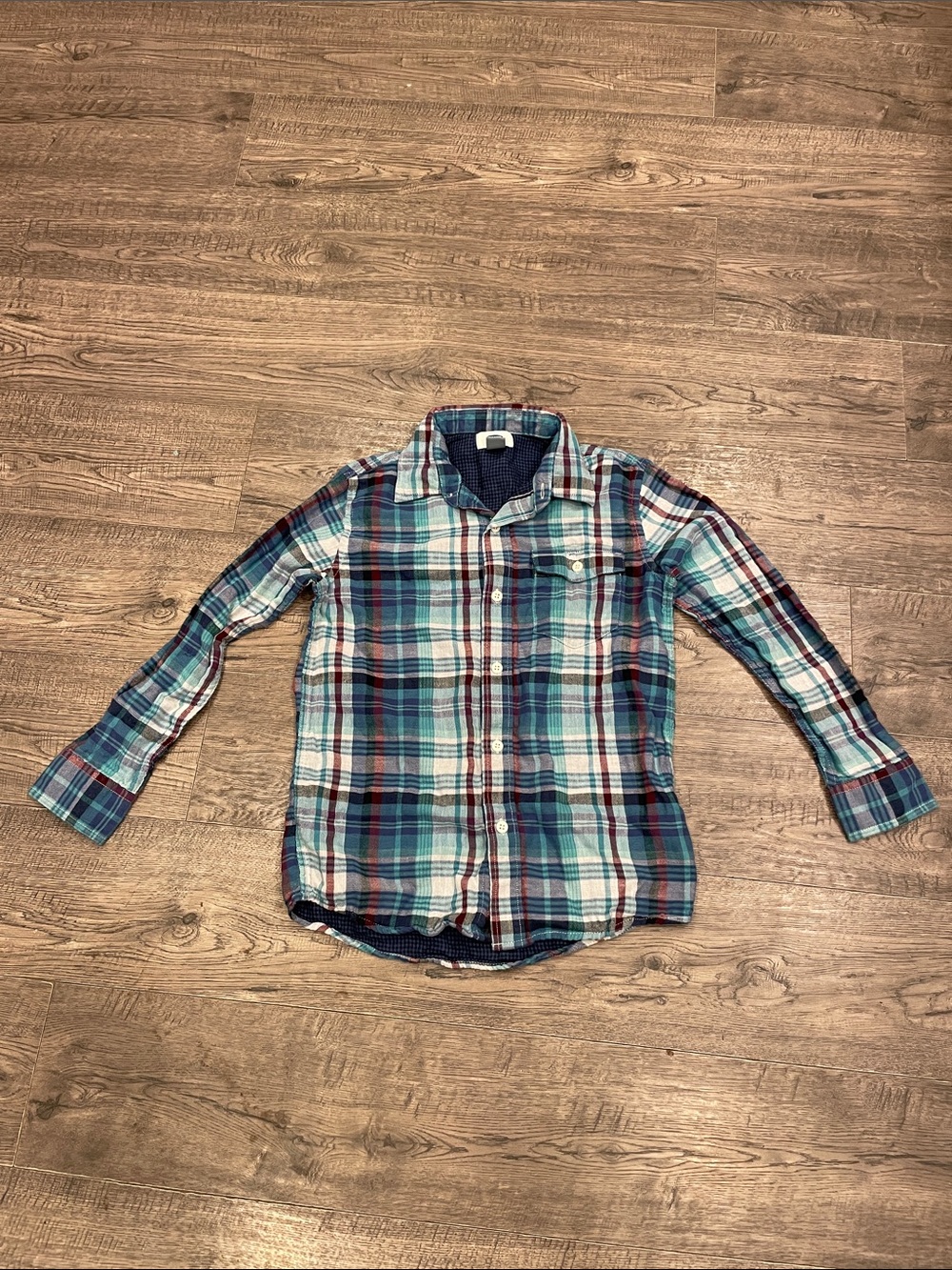 Old Navy Teal, Navy, Maroon & White Plaid Button-Down Shirt